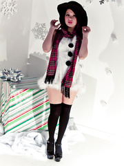 Sexy redhead Japanese Sydney Mai in Christmas dress flashing undressed upskirt