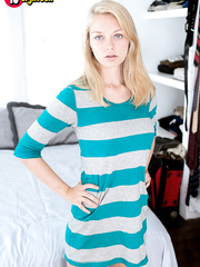 Slim blue eyed blond Alli Rae giving a kiss & getting her hard teats sucked