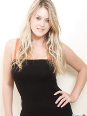 Hawt golden-haired Brook Little undressing to flash teats in hot lace underware