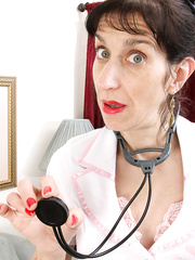 Mature nurse Penny Jones takes off her uniform and underclothing after work is over