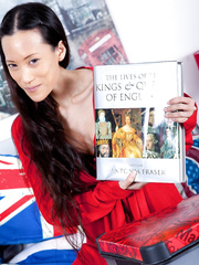 Slim Oriental playgirl Inco widens her all natural wet crack atop a Union Jack flag