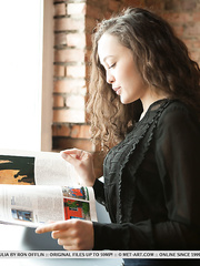 Wild legal age teenager brunette hair Ulia peels to flaunt juvenile diminutive milk sacks & tiny curly pussy