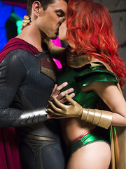 Chesty cosplay redhead Britney Amber taking a jizz flow on her tongue