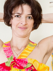 Plain dark brown Milady discloses near flat chest & widens very hirsute cookie