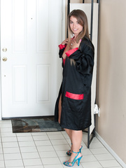 Solo model Bunny affixes clothespins to her concupiscent and bushy muff