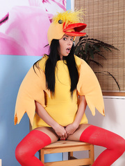 Brunette Hair Gina takes off her suit and plays with hairless slit