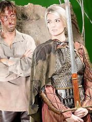 Golden-Haired hottie in a warrior's outfit seduces an  for raunchy relations