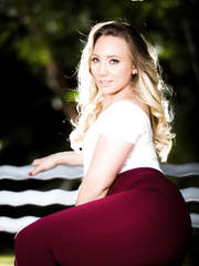 Blond solo beauty AJ Applegate rips off her leggings and onesie on the patio