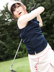Fascinating sports angel Michiru Tsukino practices her golf swing stripped on the links