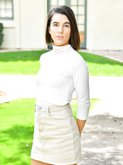 Brunette Hair Miki flashes public panty upskirt & jams chili peppers in her muff