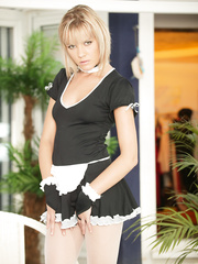 Hawt golden-haired maid in crotchless white hose licking employer's excited muff