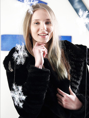 Solo angel in over the knee socks parts her labia lips as part of Xmas display