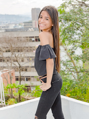 Slender solo hotty Karin Torres disrobes and masturbates in a public place