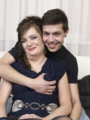 Sexually Excited older cougar giving a kiss youthful dude & getting her hard nipps licked