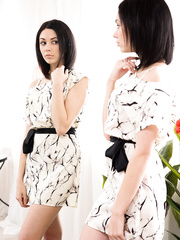 Black haired legal age teenager Sheri Vi bleed jism from muff after riding a weenie