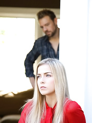 Slender legal age teenager blond in nylons gives a blow job and receives drilled hardcore