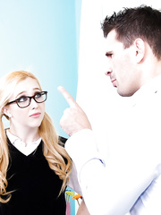 Perverteds bespectacled bitch Samantha rides a pecker and swallows a large load