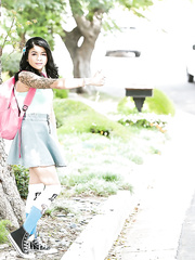 Juvenile Sadie Pop in socks bares small teats & acquires cum in face hole after handob