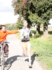 Slender flat chested legal age teenager jogger hooks up with old cyclist for washroom oral sex