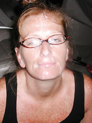 Nasty blonde mature splattered with spunk all over her face