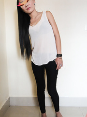 Slender non-professional Oriental angel undresses undressed to take a ejaculation on her shaggy cookie