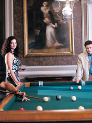 Black haired whore acquires a oozing spunk fountain in sexual pool table groupsex