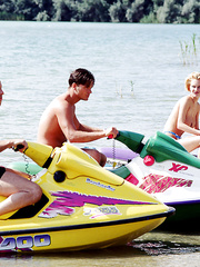 Golden-Haired honey with short hair receives cum discharged in her face hole during outdoor bang