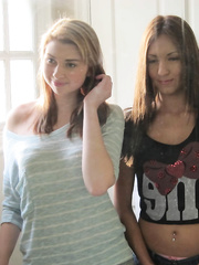 Small legal age teenager hotties having lesbo joy and sharing a hard jock