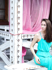 Brunette Hair Assoli in costume undressing & fingering hairless slit in heels outdoors