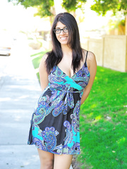 Bespectacled brunette hair playgirl with large milk sacks strips in public