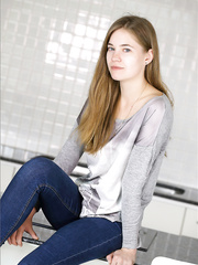 Cute hotty with puffy teats & petite bazookas positions topless in constricted jeans