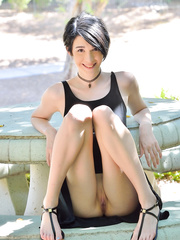 Tiny legal age teenager inserts vegetables into her wide open bawdy cleft in public places