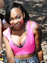 Tattooed darksome hottie Nikki Ford copulates 2 white men at the same time