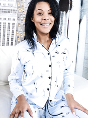 Darksome legal age teenager Zoey Reyes takes off her pajamas to model in the in nature's garb