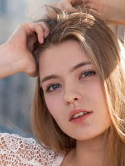 Charming golden-haired honey Sigrid unveils her cleanly hairless love tunnel