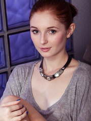 Pale redhead Leona Playgirl twists and turns her slender body to superlatively good show her cunt