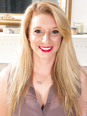 Large boobed blond Jasper Shelton parts her shaved cookie with painted fingernails