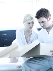 eighteen year old golden-haired wears semen on her face after S&M games with stud ally