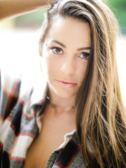 Brunette Hair solo cutie Abigail Mac exposes her large legal age teenager scoops in yard