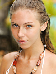 Juicy legal age teenager sweetheart Katherine A freeing miniature bazookas from bikini in swimming pool