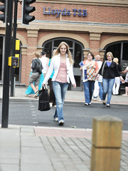 Erotic girl Rose sheds jeans & top to lounge topless in white pants