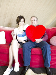 Youthful dark brown legal age teenager receives hardcore with oldman doggy position group-sex and cum on face