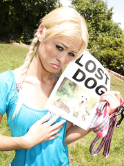 Blond Rebecca Blue with pigtails looks for her lost dog and finds a hard knob