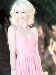 Petite titted slim legal age teenager Sammie Daniels doffs short suit to pose bare outside