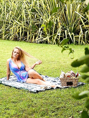 Blond dressed female flashes bare upskirt and undresses for outdoor cowgirl fuck