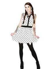 Sweetheart Adriana strips cute polka dot costume and underware to show tattooed body