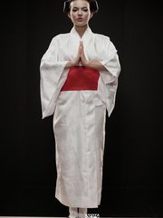 Japanese courtesan with mellow bazookas pleasures a dude's large white dick