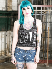 Wench with ear plugs,ding-dong tattoos,strapon and turquoise hair undresses in abandoned building