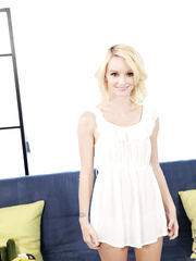 Excited bitch Sammie Daniels doffs lace pants to exposed slender body & toy cum-hole