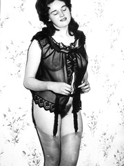 two vintage era models show off their bushy wet cracks in garters and pantyhose